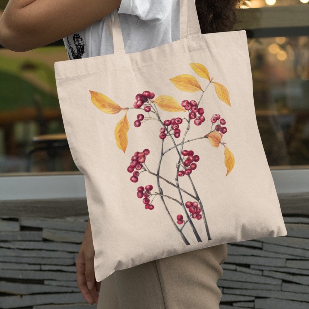 Red Chokeberry Vintage Watercolor Botanical Print Graphic Canvas Tote Bag